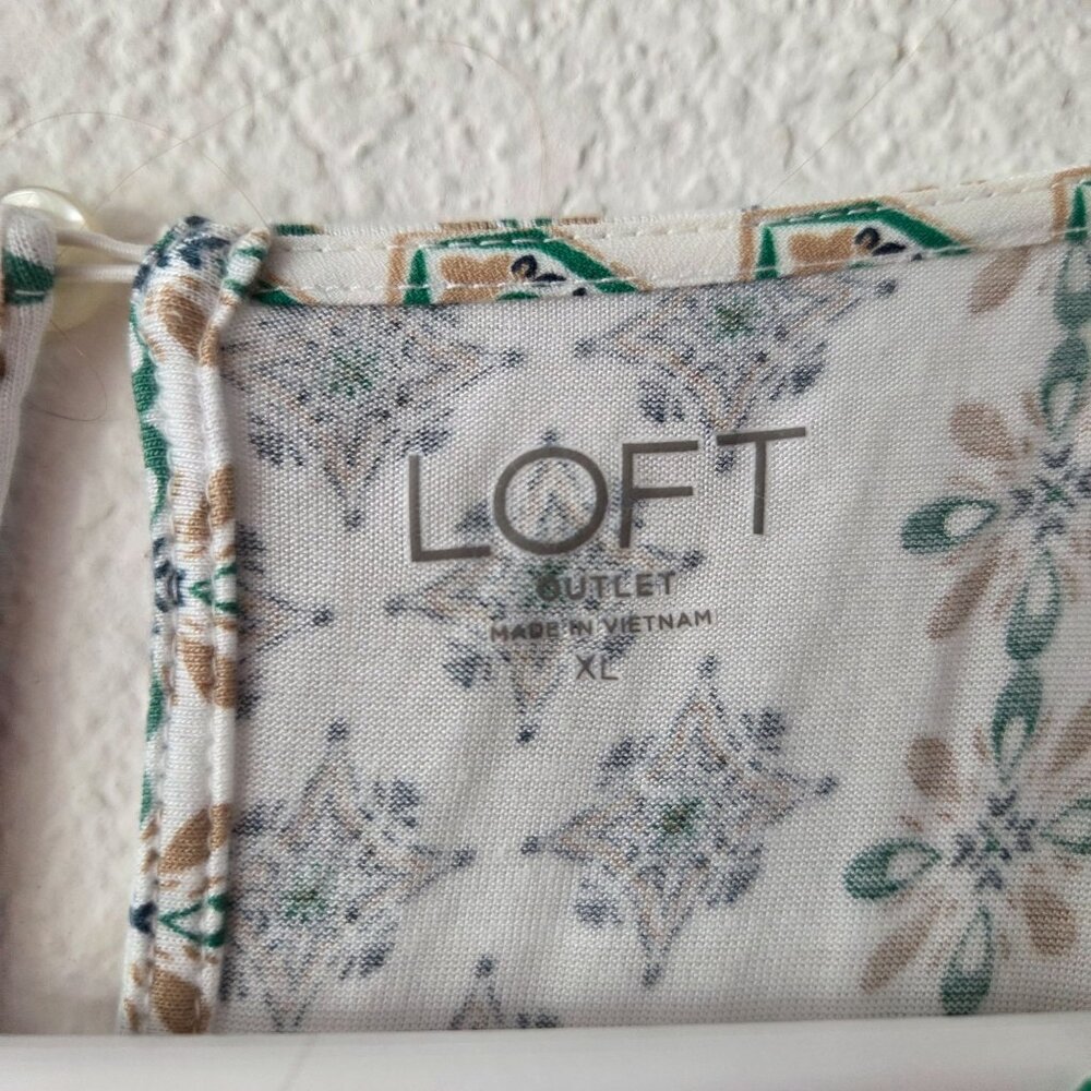 LOFT US Womens XL Green White Printed Blouse Long Sleeve Round Neck Keyhold Back - Picture 6 of 10